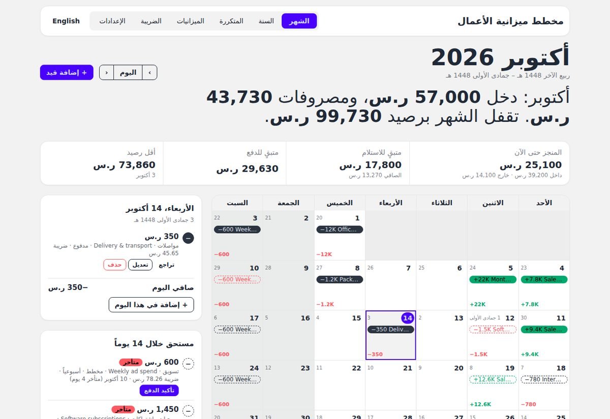 عرض الشهر في المخطط مع الدخل والمصروفات على التقويم