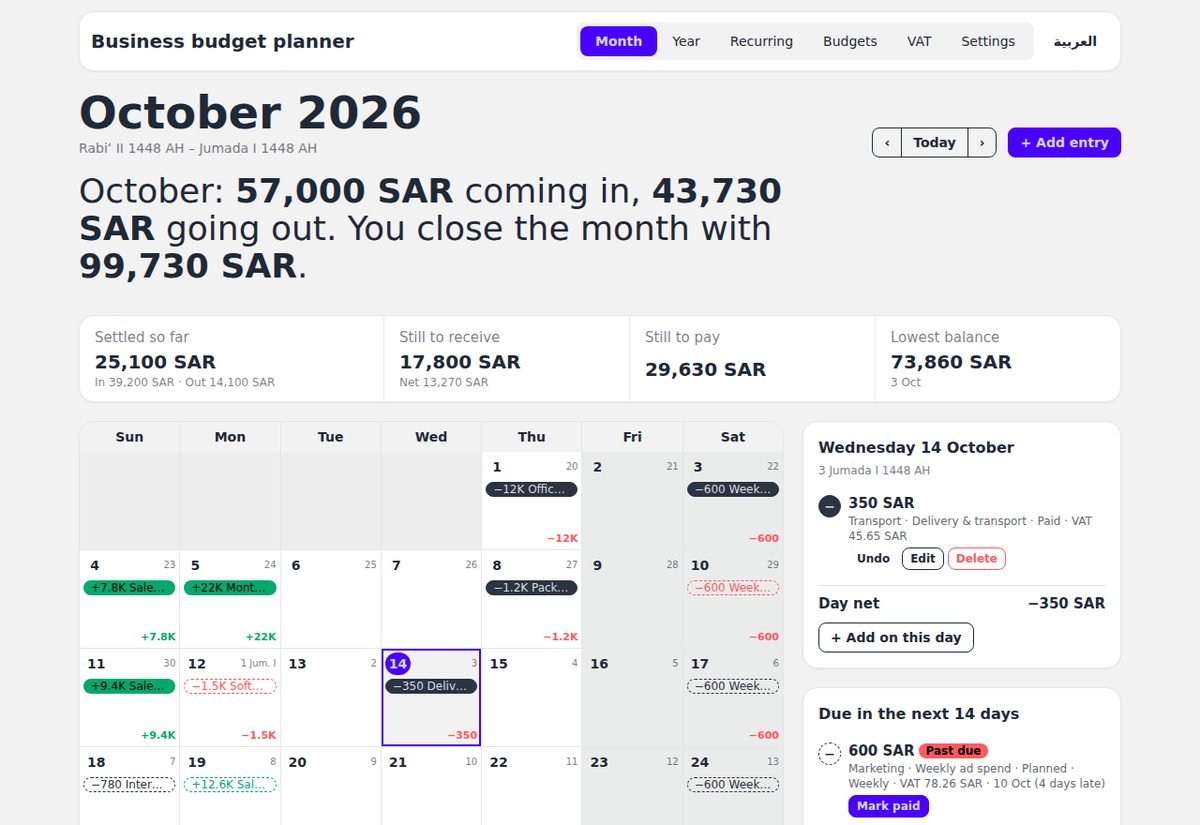 The planner month view with income and expenses on a calendar